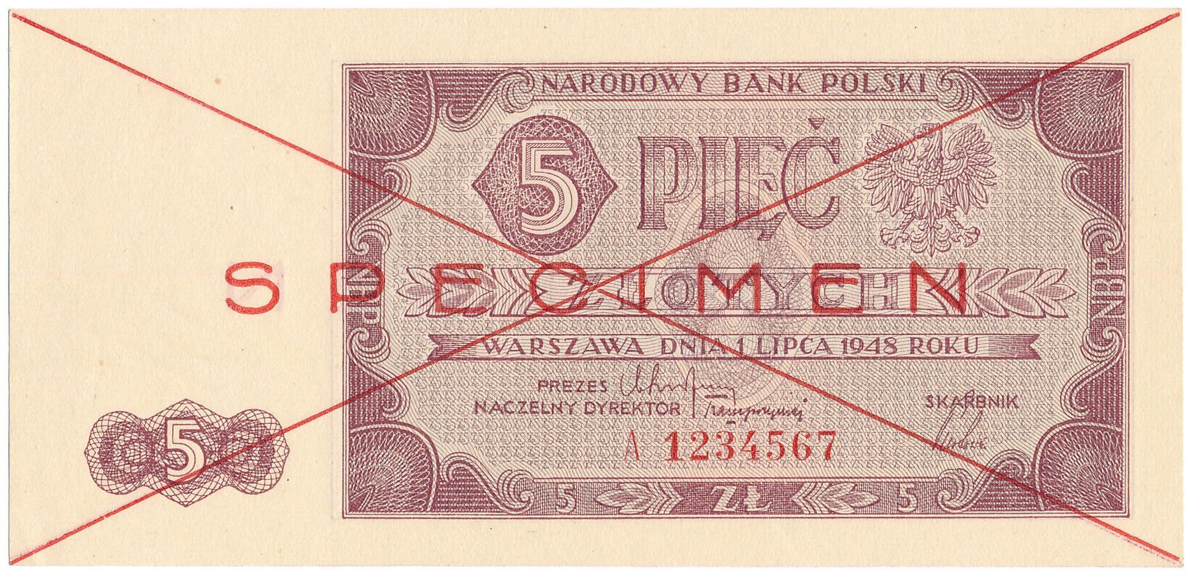 Banknot WZÓR / SPECIMEN 5 złotych 1948 seria A - RZADKOŚĆ R6